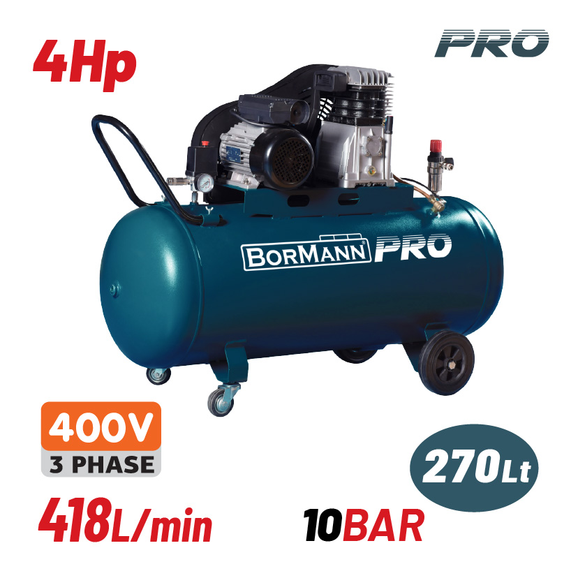 BORMANN Pro BAT5300 Αεροσυμπιεστής Ιμάντα,Τριφασικός,4Hp,270L,481L/min