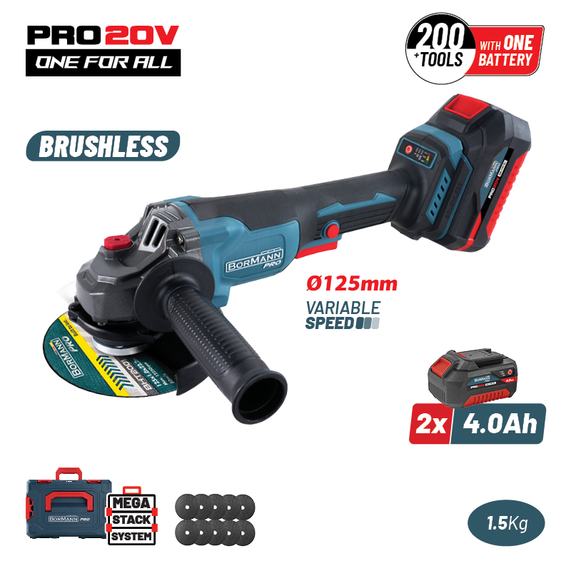 BORMANN Pro BBP3651X44CA Γωνιακός Τροχός Brushless Ρυθμιζόμενος 20V, 3000/5400/8000rpm, 2x4.0Ah