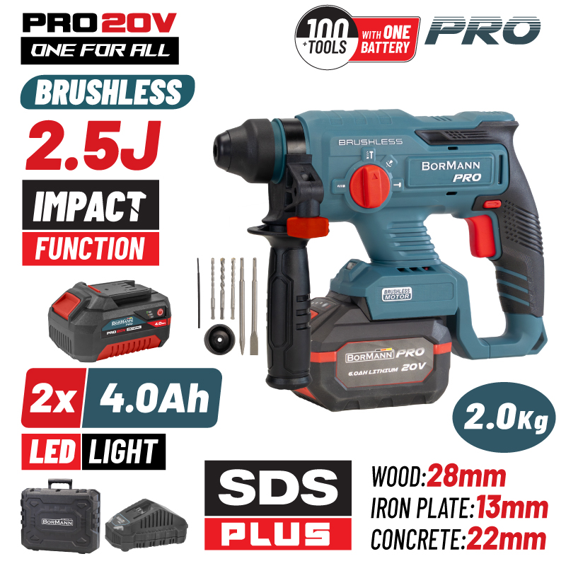 BORMANN Pro BBP5301X44CA Πνευματικό Σκαπτικό Μπαταρίας 20V,2x4Ah,Brushless, 2.5J, SDS-Plus & Βαλίτσα