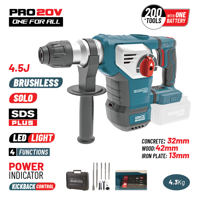 BORMANN Pro BBP5335 Πνευματικό Σκαπτικό Μπαταρίας SDS-PLUS Brushless 20V,4.5J,0-760rpm,Βαλίτσα, SOLO