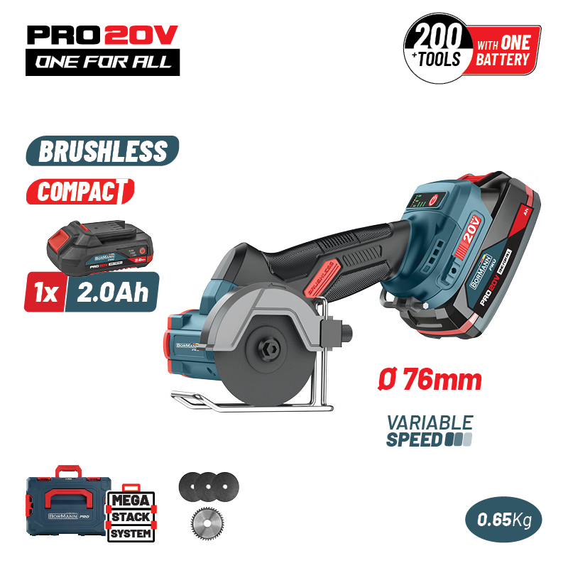 BORMANN Pro BBP5418X2CA Μini Brushless Γωνιακός Τροχός Ρυθμιζόμενος 20V, 0-7000/14000/20000rpm,1x2Ah