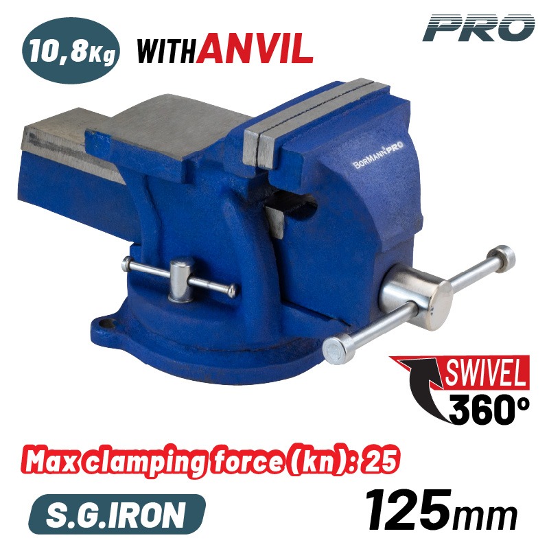 BORMANN Pro BBV3105 Μέγγενη Άθραυστη Περιστρεφόμενη με Αμόνι, 125mm, 10.8kg, S.G. IRON