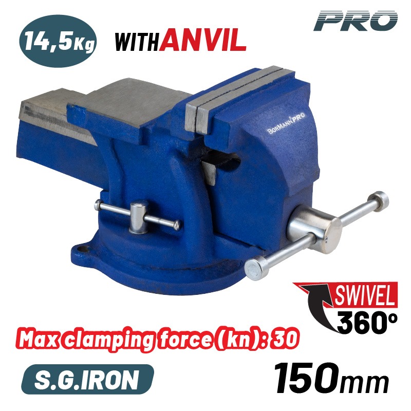 BORMANN Pro BBV3205 Μέγγενη Άθραυστη Περιστρεφόμενη με Αμόνι, 150mm, 14.5kg, S.G. IRON