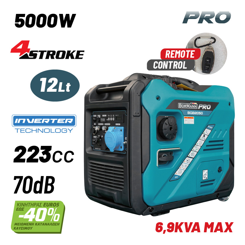 BORMANN Pro BGB2050 Γεννήτρια Βενζίνης Inverter με Ρόδες Συνεχ.Απόδοση 5000W,223cc,70dB-Τηλεχειρισμό