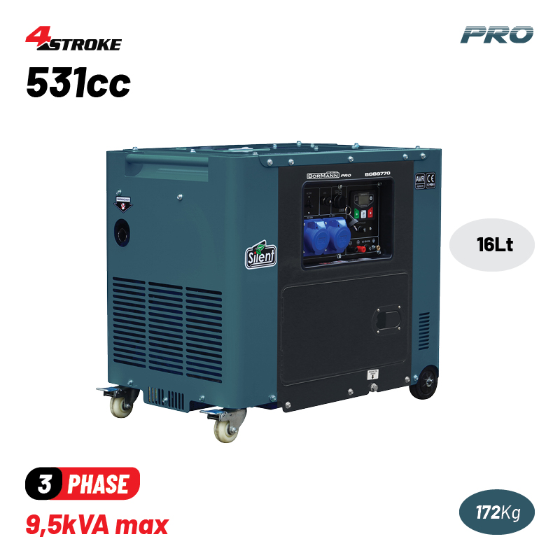 BORMANN Pro BGB9773 Γεννήτρια Πετρελαίου Τριφασική, Απόδοση 7000W,531cc με Μίζα & Τροχούς