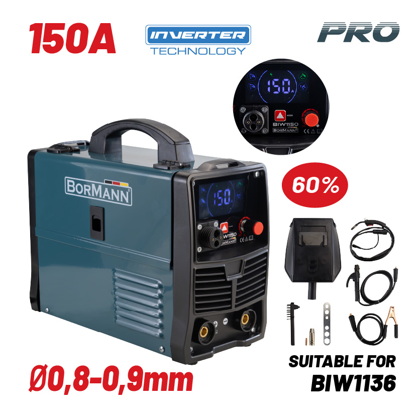 BORMANN Pro BIW1150 Ηλεκτροκόλληση MIG/MAG/TIG/MMA 150A,60%,No gas,450gr/1000gr Κουλούρα (0,8-1,0mm)