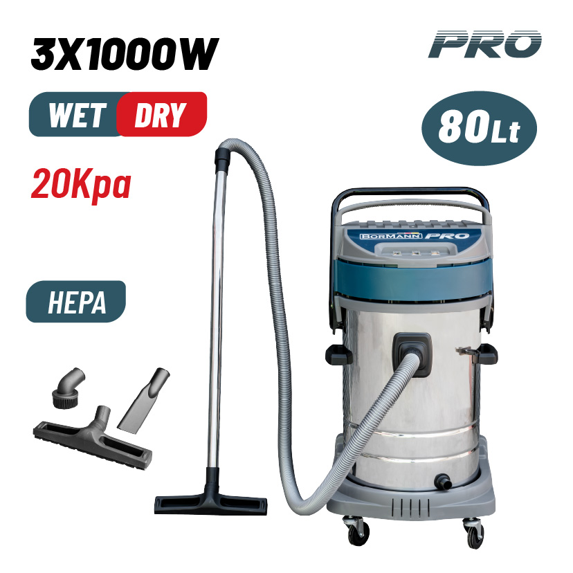 BORMANN Pro BVC7510 Σκούπα Υγρών-Στερεών 3x1000W Με Ανοξείδωτο Κάδο 80Lt