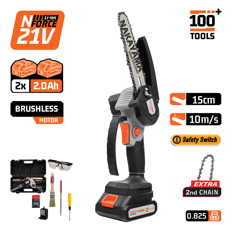NAKAYAMA EC1050 Κλαδ Αλυσοπρίονο Μπατ 21V, Brushless, Λάμα 15cm, 825gr, 1/4"1.1m 37οδ,11m/s,2x2ah