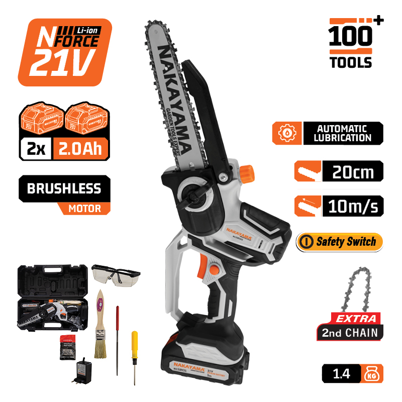 NAKAYAMA EC1200 Κλαδ Αλυσοπρίονο Μπατ 20V, Brushless,Λάμα 20cm, 1,3kg, 1/4"1.1mm,46Links,10m/s, 2x2A