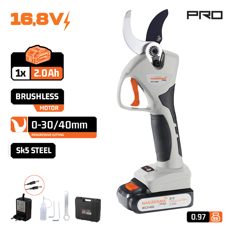 NAKAYAMA Pro EC1400 Ψαλίδι Κλάδου Μπαταρίας 21V, Brushless, Διπλή Κοπή 0-30mm/0-40mm,970gr