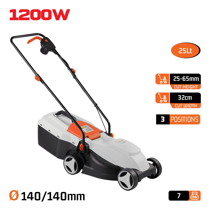 NAKAYAMA EM3220 Χλοοκοπτική Ηλεκτρική 1200W, Κοπή 32cm, Κάδος 25L, Ρύθμιση 3 Θέσεων (25/45/65mm)