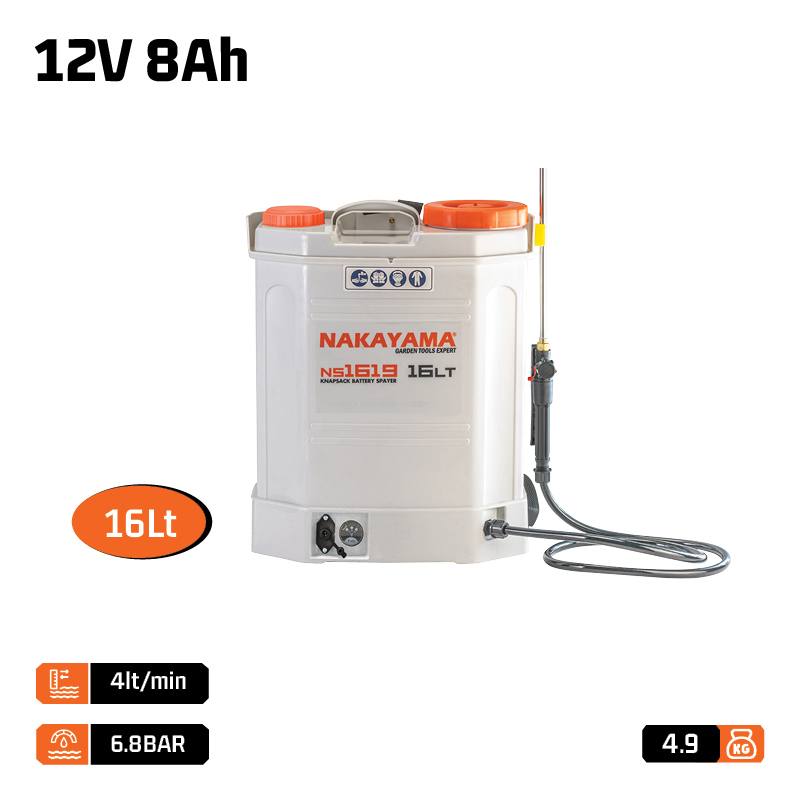 NAKAYAMA NS1619 Ψεκαστήρας Πλάτης Μπαταρίας 12V,8Ah,16Lt με Ανοξείδωτο Τηλεσκοπικό Αυλό