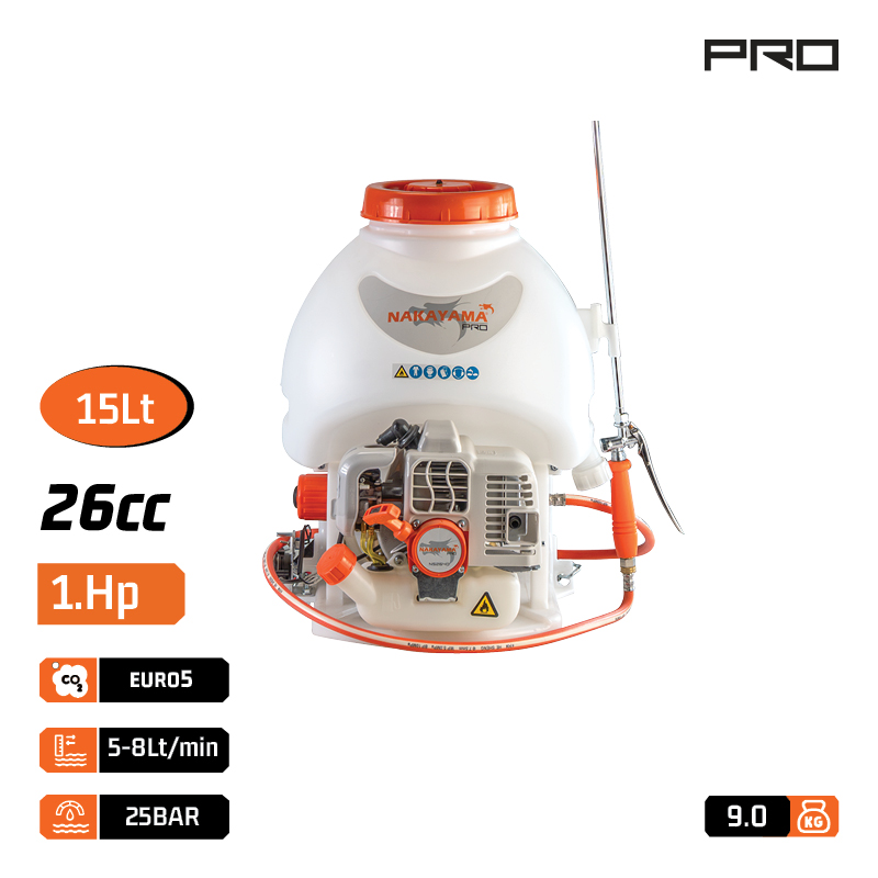 NAKAYAMA PRO  NS2640 Ψεκαστηρας Πλατης Διχρονος 26Cc, 15Lt, Αυλος Τριπλου Μπεκ Με Προεκταση & Αυλος