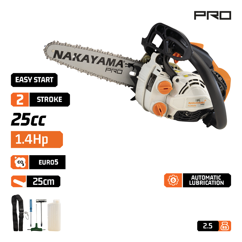 NAKAYAMA Pro PC2525 Αλυσοπρίονο Κλαδευτικό Βενζίνης 25cc/1.4Hp,Λάμα 25cm,1/4''X1,1mm/56, 2,5Kg