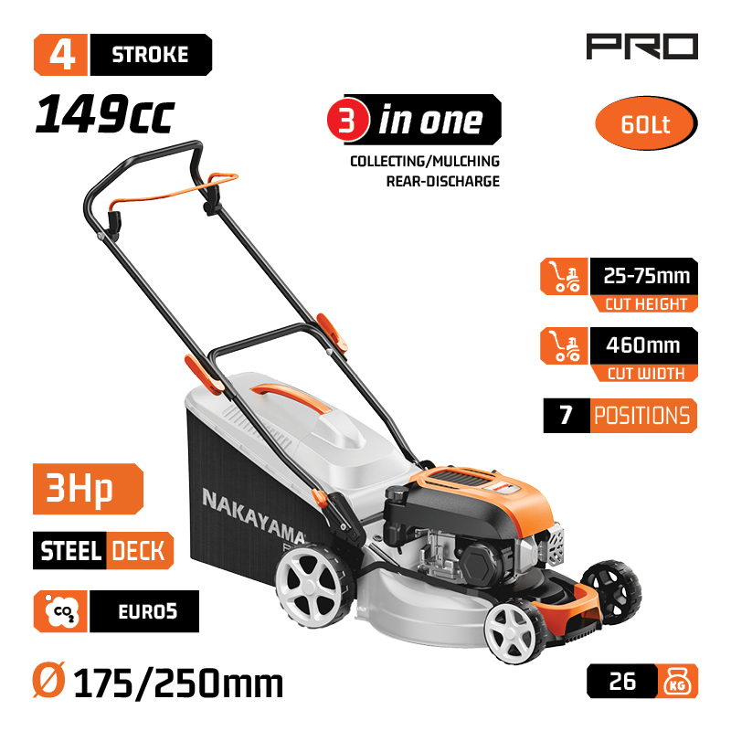 NAKAYAMA Pro PM5460 Χλοοκοπτική Βενζίνης,Ωθούμενη, 149cc, Πλάτος Κοπής 46cm, Κάδος 60L, 8 Θέσεις