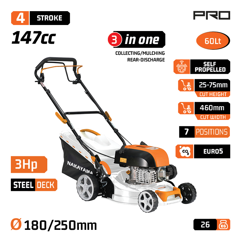 NAKAYAMA Pro PM5465 Χλοοκοπτική Βενζίνης Αυτοκινούμενη,149cc, Πλάτος Κοπής 46cm, Κάδος 60L